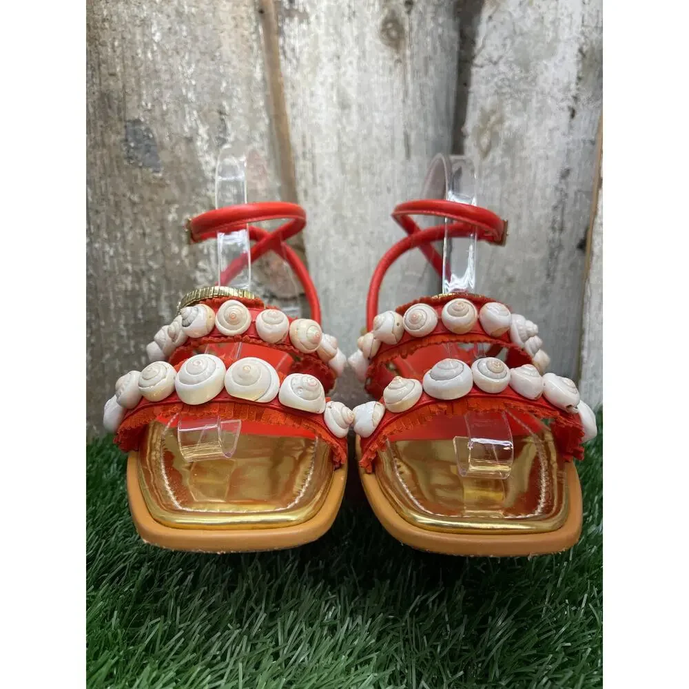 Tory Burch Sinclair Seashell Ankle-Wrap Sandal Coral Orange Red Women's 9.5M